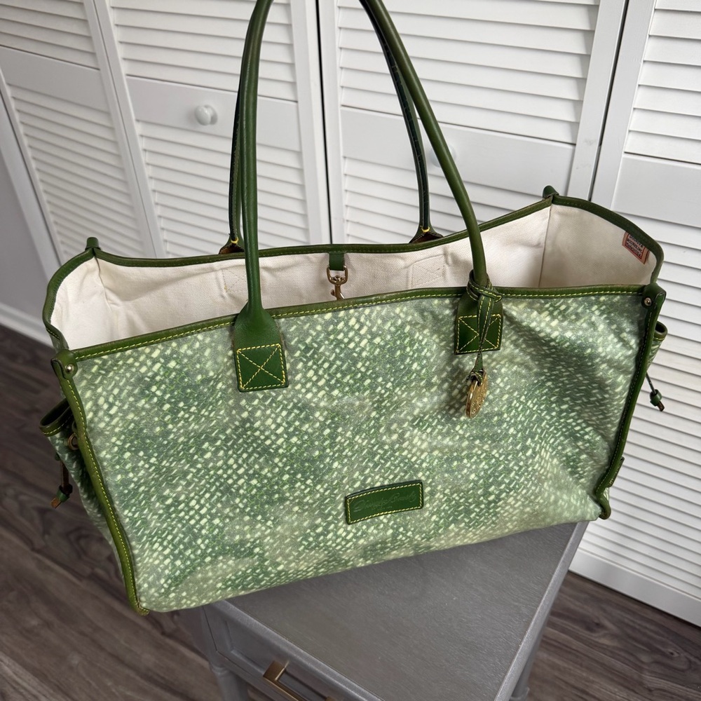 Vintage Dooney & Bourke XL Tote Bag Green Leather Canvas Large Shopper - Picture 6 of 16